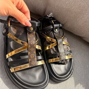 Louis Vuitton Black and Gold Sandals
